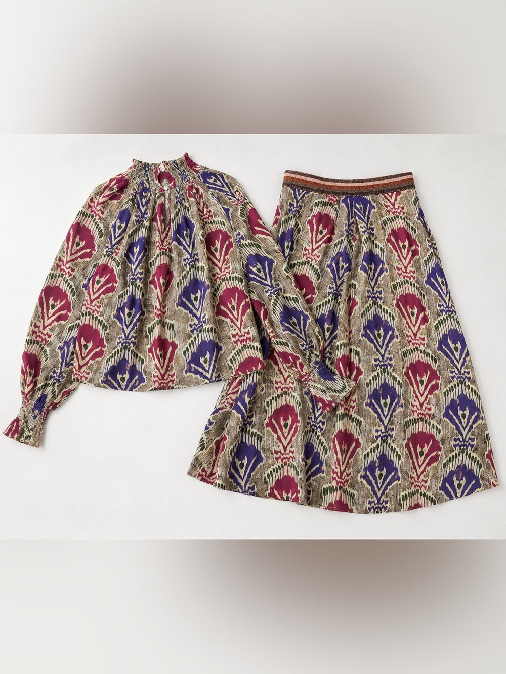 Oliphant Metallic Ikat Blouse & Maxi Skirt Set Pink Purple Gold Size Medium - Picture 2 of 14